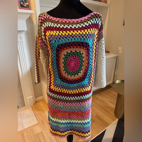 ROSE CARMINE 3/4 Sleeve Lurex Granny Square Crochet Dress Size 1/Small NWOT - Picture 6 of 8